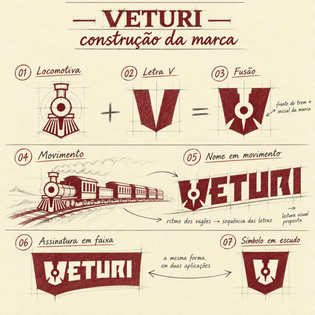 Esboço da construção da marca Veturi: locomotiva, letra V, fusão e nome em movimento